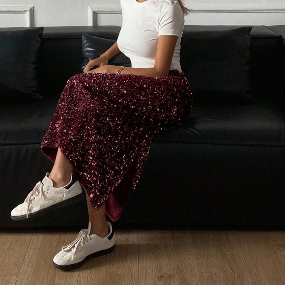 Burgundy Party Women's Sequin Embellished Elegant Side Slit Skirt - Picture 5 of 5